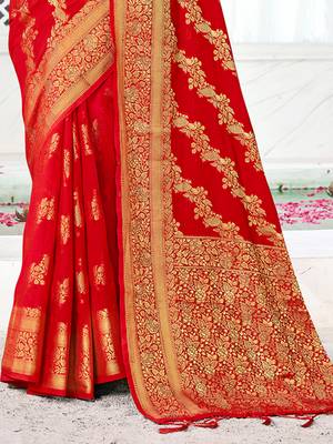 Sangam Prints Red Silk Siroski Stone Work Traditional Tassels Saree 3