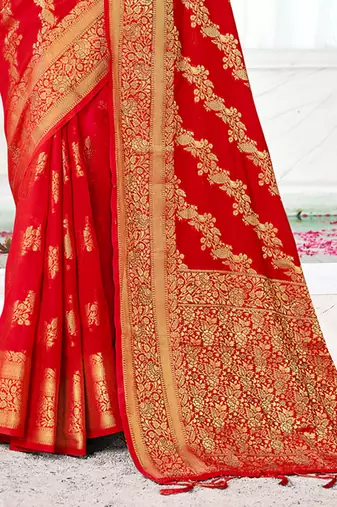 Sangam Prints Red Silk Siroski Stone Work Traditional Tassels Saree