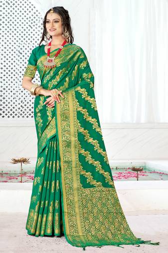 Sangam Prints Green Silk Siroski Stone Work Traditional Tassels Saree