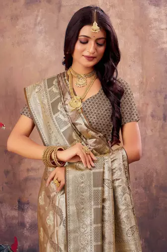 Sangam Prints Grey South Silk Rich Pallu Silk Traditional Tassels Saree