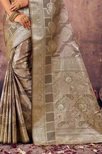 Sangam Prints Grey South Silk Rich Pallu Silk Traditional Tassels Saree