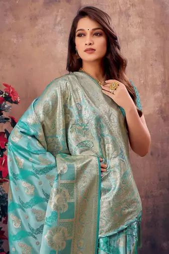 Sangam Prints Sky Blue South Silk Rich Pallu Silk Traditional Tassels Saree