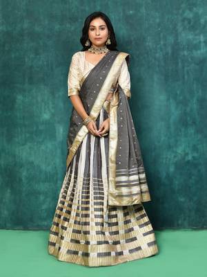 Elora silk zari weaving work semi stitched lehenga for women (Black & Cream) 1