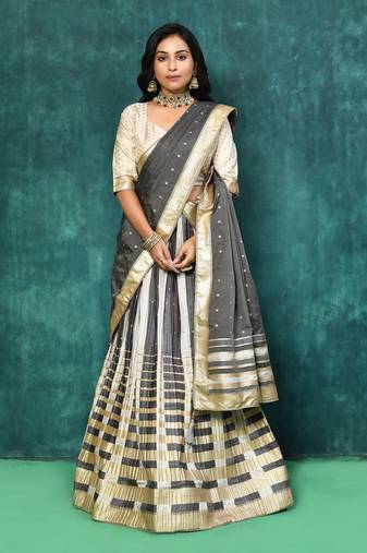 Elora silk zari weaving work semi stitched lehenga for women (Black & Cream)