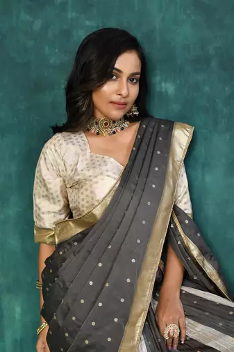 Elora silk zari weaving work semi stitched lehenga for women (Black & Cream)