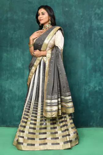 Elora silk zari weaving work semi stitched lehenga for women (Black & Cream)