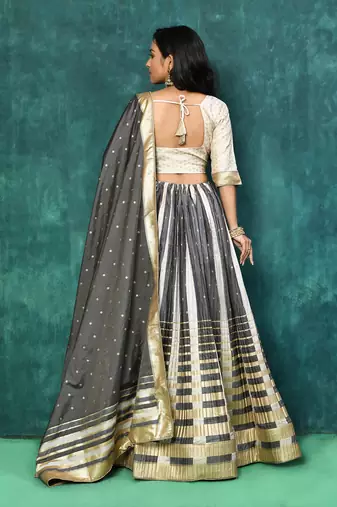 Elora silk zari weaving work semi stitched lehenga for women (Black & Cream)