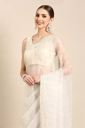 Ivory silk organza embellished saree