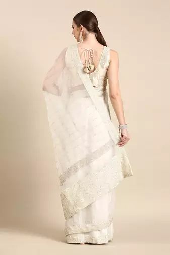 Ivory silk organza embellished saree