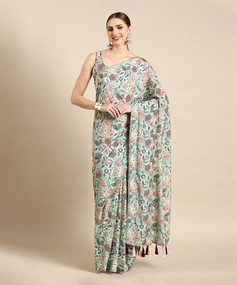 Aqua blue printed muslin saree 1