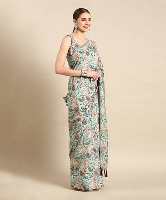 Aqua blue printed muslin saree 2