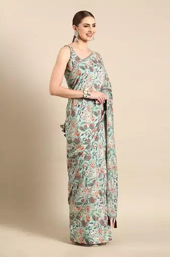 Aqua blue printed muslin saree