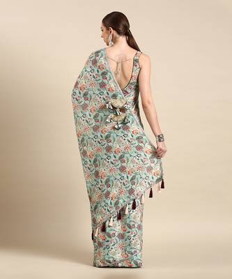Aqua blue printed muslin saree 3