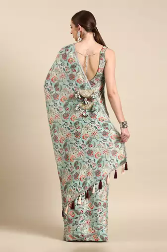 Aqua blue printed muslin saree