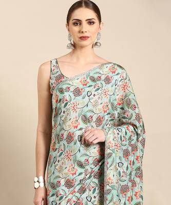 Aqua blue printed muslin saree 4