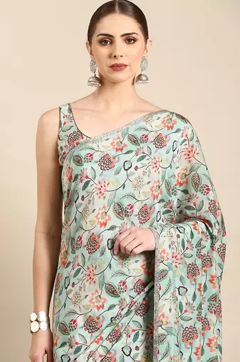 Aqua blue printed muslin saree