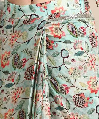 Aqua blue printed muslin saree 5