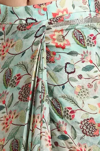 Aqua blue printed muslin saree