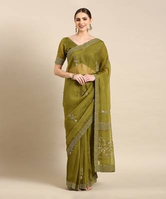Green silk organza embellished saree 1