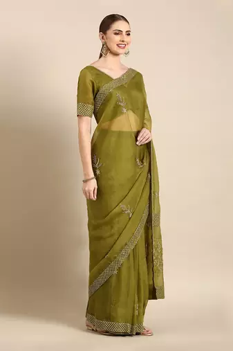 Green silk organza embellished saree
