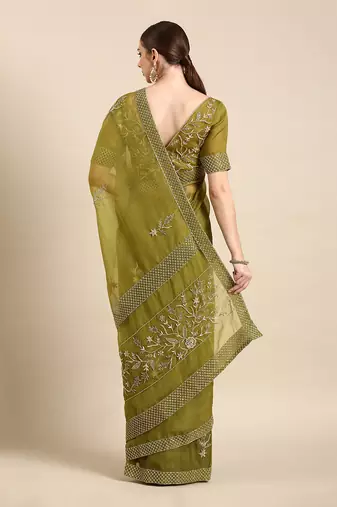 Green silk organza embellished saree