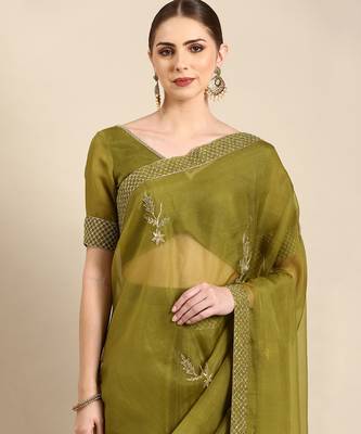 Green silk organza embellished saree 4