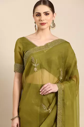 Green silk organza embellished saree