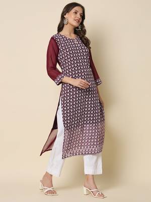  women chikan/ chikankari embroidery georgette straight kurta 3