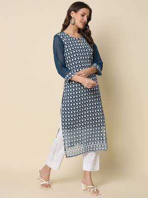  women chikan/ chikankari embroidery georgette straight kurta 3