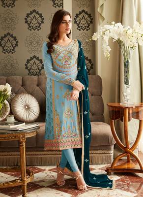 Blue Embroidered Georgette Semi Stitched Straight Suit Up To 42" Size 1