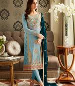 Blue Embroidered Georgette Semi Stitched Straight Suit Up To 42" Size