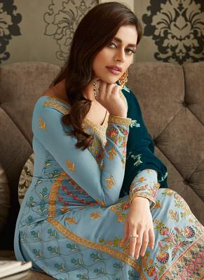 Blue Embroidered Georgette Semi Stitched Straight Suit Up To 42" Size 2