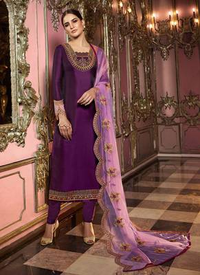 Wine Embroidered Georgette Semi Stitched Straight Suit Up To 42" Size 1
