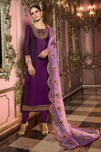 Wine Embroidered Georgette Semi Stitched Straight Suit Up To 42" Size