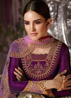 Wine Embroidered Georgette Semi Stitched Straight Suit Up To 42" Size 2