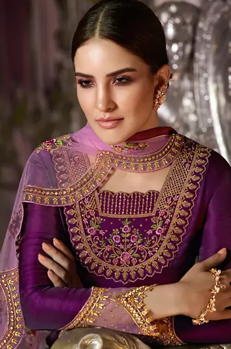 Wine Embroidered Georgette Semi Stitched Straight Suit Up To 42" Size