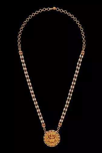 Pearl necklace with Laxmi pendant and rubies one gram gold