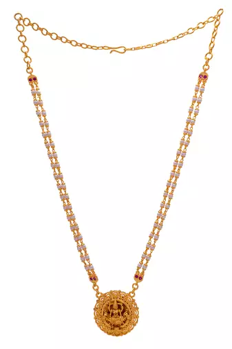 Pearl necklace with Laxmi pendant and rubies one gram gold