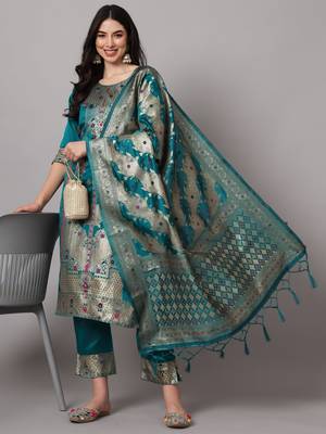   women kurta and trousers pant set heavy zari wok silk blend 1
