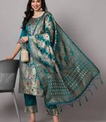   women kurta and trousers pant set heavy zari wok silk blend