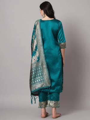   women kurta and trousers pant set heavy zari wok silk blend 2