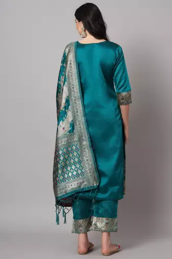   women kurta and trousers pant set heavy zari wok silk blend