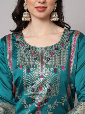   women kurta and trousers pant set heavy zari wok silk blend 3
