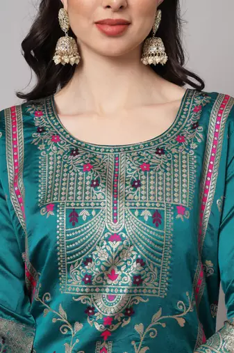   women kurta and trousers pant set heavy zari wok silk blend