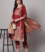   women kurta and trousers pant set heavy zari wok silk blend
