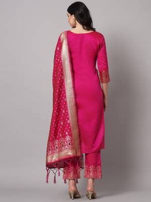 Pink Kurta Set with Zari Work in Cotton Silk - Stitched 2