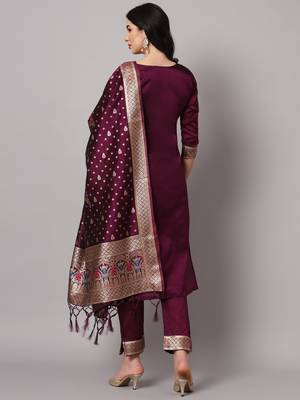   women kurta and trousers pant set heavy zari wok silk blend 2