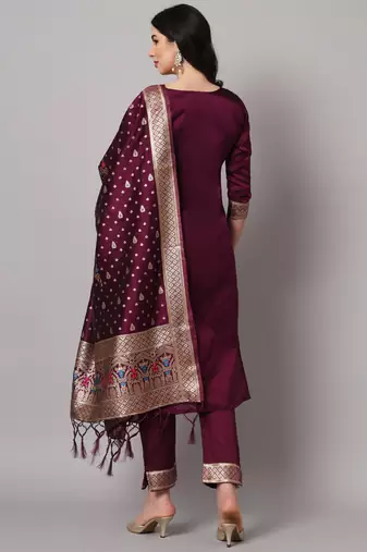   women kurta and trousers pant set heavy zari wok silk blend