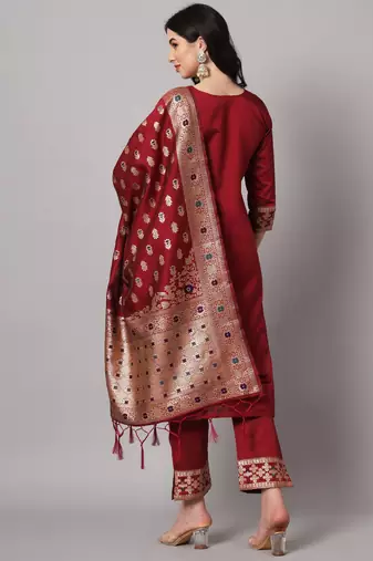   women kurta and trousers pant set heavy zari wok silk blend