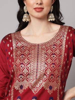   women kurta and trousers pant set heavy zari wok silk blend 3